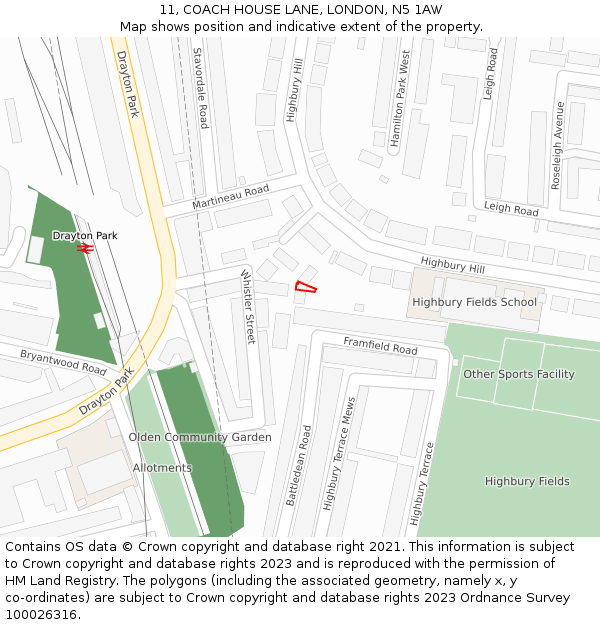11, COACH HOUSE LANE, LONDON, N5 1AW: Location map and indicative extent of plot