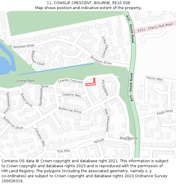 11, COWSLIP CRESCENT, BOURNE, PE10 0GE: Location map and indicative extent of plot