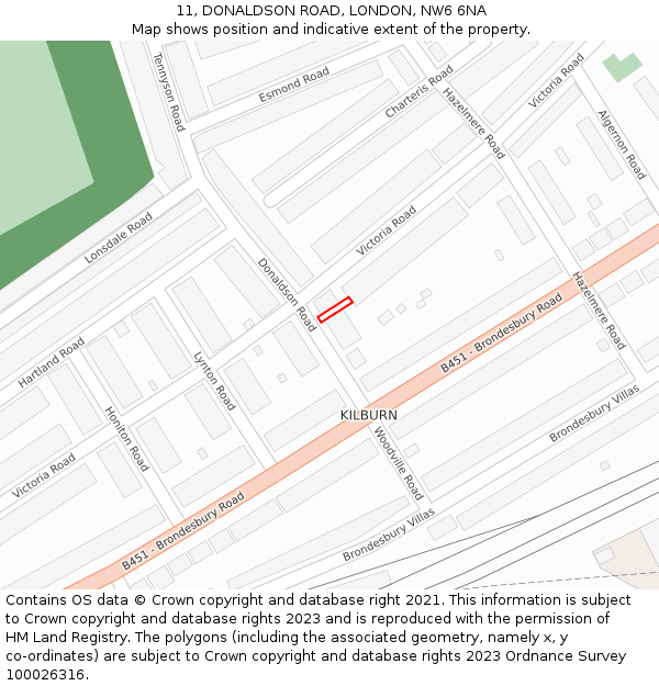 11, DONALDSON ROAD, LONDON, NW6 6NA: Location map and indicative extent of plot