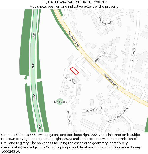11, HAZEL WAY, WHITCHURCH, RG28 7FY: Location map and indicative extent of plot