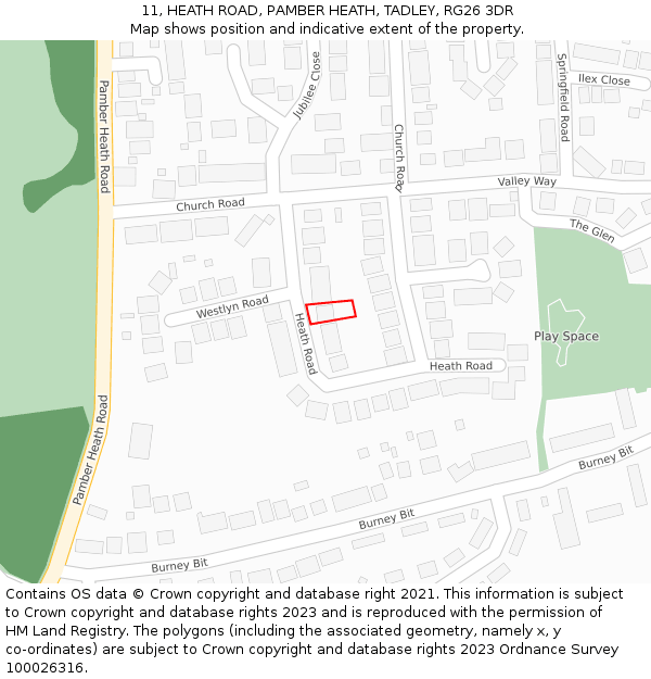 11, HEATH ROAD, PAMBER HEATH, TADLEY, RG26 3DR: Location map and indicative extent of plot