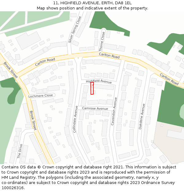 11, HIGHFIELD AVENUE, ERITH, DA8 1EL: Location map and indicative extent of plot