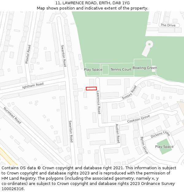 11, LAWRENCE ROAD, ERITH, DA8 1YG: Location map and indicative extent of plot