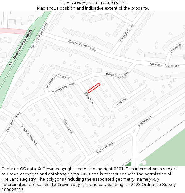 11, MEADWAY, SURBITON, KT5 9RG: Location map and indicative extent of plot