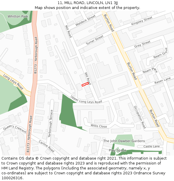 11, MILL ROAD, LINCOLN, LN1 3JJ: Location map and indicative extent of plot