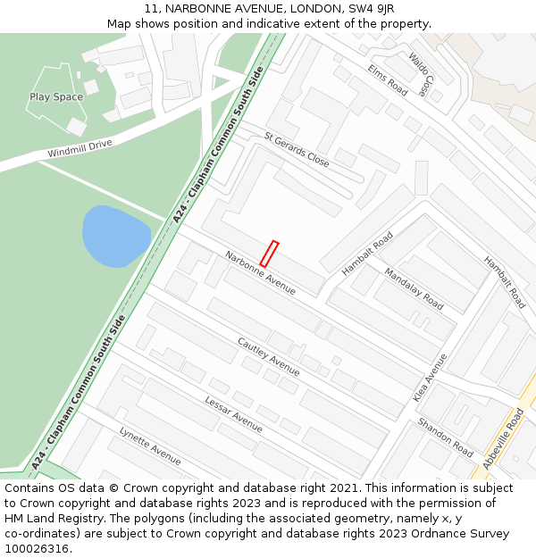 11, NARBONNE AVENUE, LONDON, SW4 9JR: Location map and indicative extent of plot