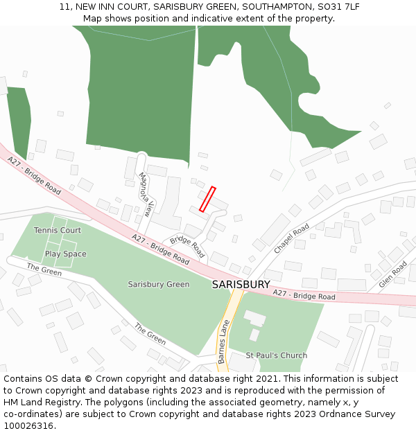 11, NEW INN COURT, SARISBURY GREEN, SOUTHAMPTON, SO31 7LF: Location map and indicative extent of plot