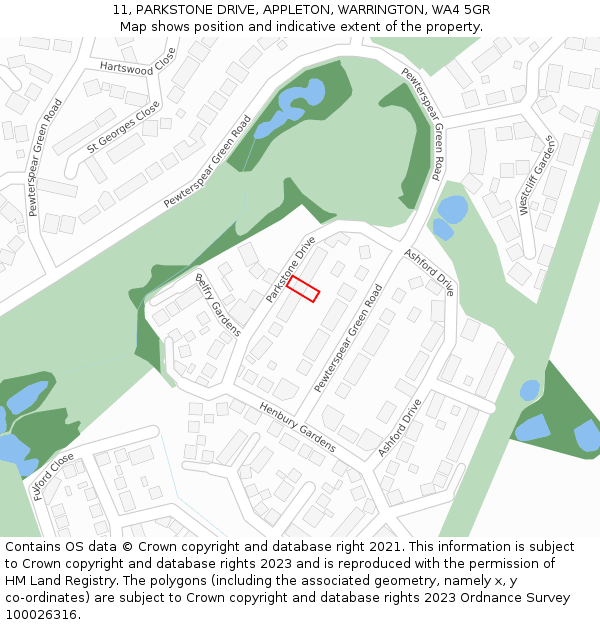 11, PARKSTONE DRIVE, APPLETON, WARRINGTON, WA4 5GR: Location map and indicative extent of plot
