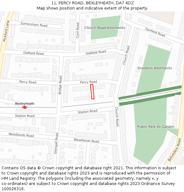 11, PERCY ROAD, BEXLEYHEATH, DA7 4DZ: Location map and indicative extent of plot