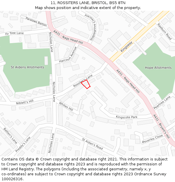 11, ROSSITERS LANE, BRISTOL, BS5 8TN: Location map and indicative extent of plot