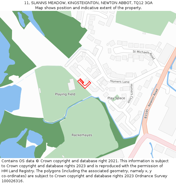 11, SLANNS MEADOW, KINGSTEIGNTON, NEWTON ABBOT, TQ12 3GA: Location map and indicative extent of plot