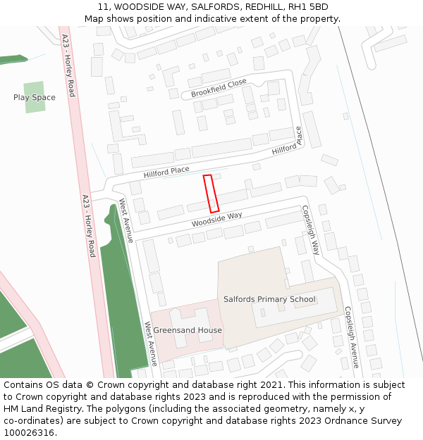 11, WOODSIDE WAY, SALFORDS, REDHILL, RH1 5BD: Location map and indicative extent of plot