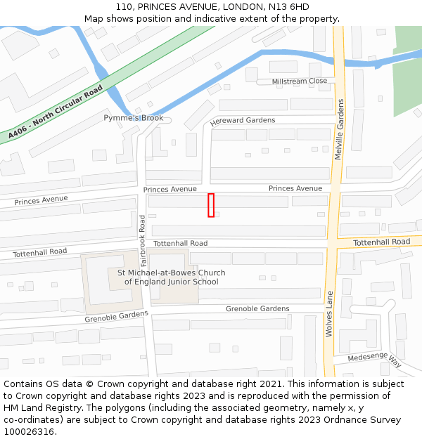 110, PRINCES AVENUE, LONDON, N13 6HD: Location map and indicative extent of plot