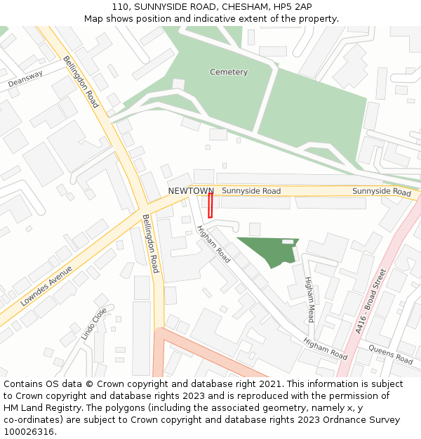 110, SUNNYSIDE ROAD, CHESHAM, HP5 2AP: Location map and indicative extent of plot