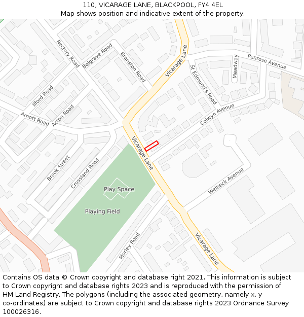 110, VICARAGE LANE, BLACKPOOL, FY4 4EL: Location map and indicative extent of plot