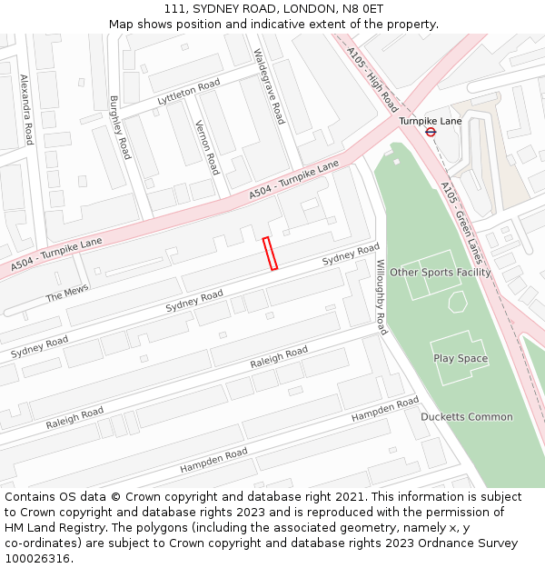 111, SYDNEY ROAD, LONDON, N8 0ET: Location map and indicative extent of plot