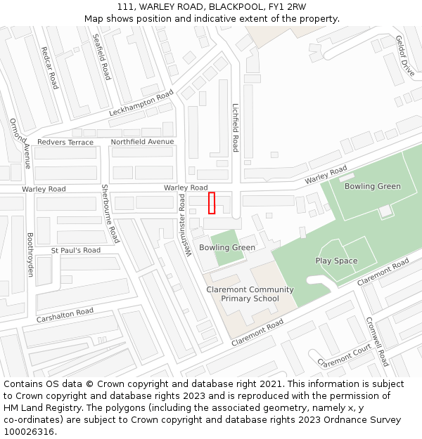 111, WARLEY ROAD, BLACKPOOL, FY1 2RW: Location map and indicative extent of plot