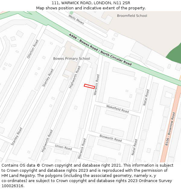 111, WARWICK ROAD, LONDON, N11 2SR: Location map and indicative extent of plot