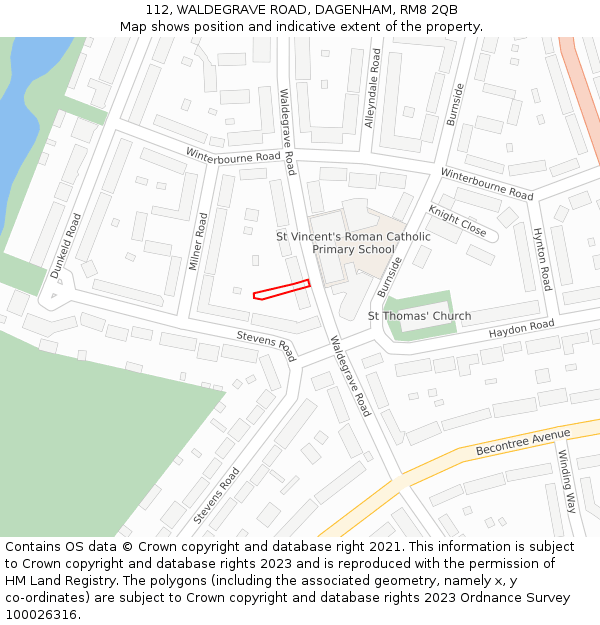 112, WALDEGRAVE ROAD, DAGENHAM, RM8 2QB: Location map and indicative extent of plot