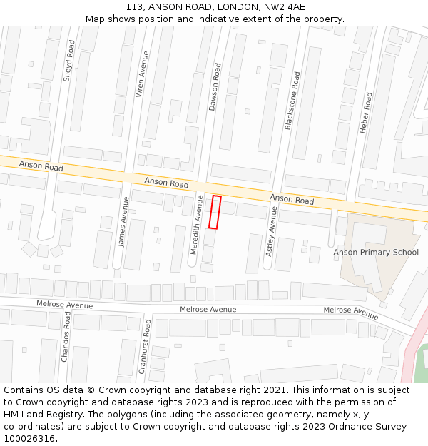 113, ANSON ROAD, LONDON, NW2 4AE: Location map and indicative extent of plot