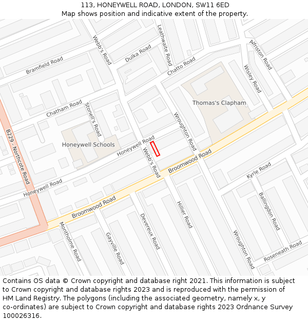 113, HONEYWELL ROAD, LONDON, SW11 6ED: Location map and indicative extent of plot