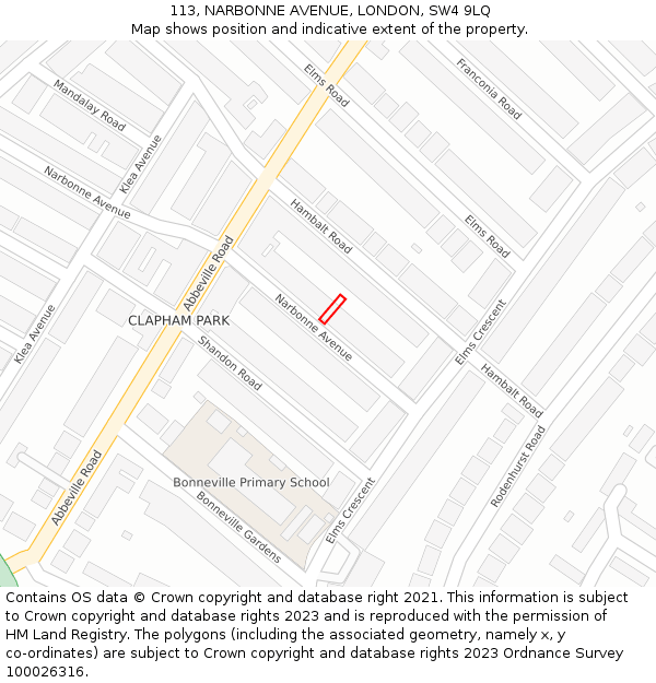 113, NARBONNE AVENUE, LONDON, SW4 9LQ: Location map and indicative extent of plot