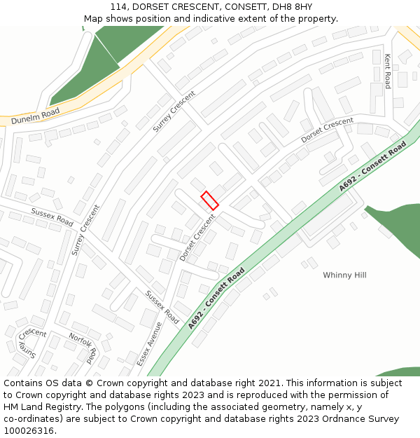 114, DORSET CRESCENT, CONSETT, DH8 8HY: Location map and indicative extent of plot