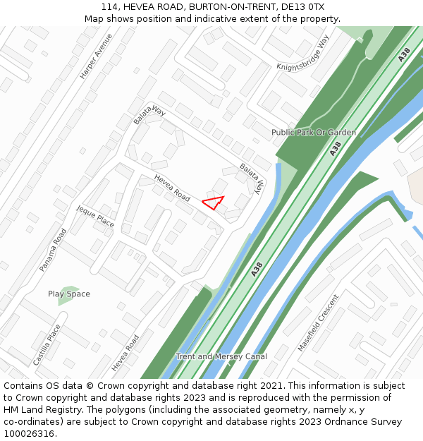 114, HEVEA ROAD, BURTON-ON-TRENT, DE13 0TX: Location map and indicative extent of plot