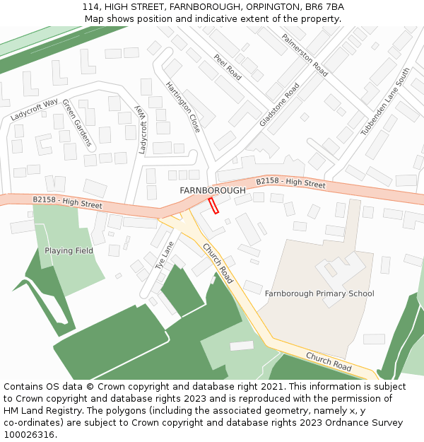 114, HIGH STREET, FARNBOROUGH, ORPINGTON, BR6 7BA: Location map and indicative extent of plot