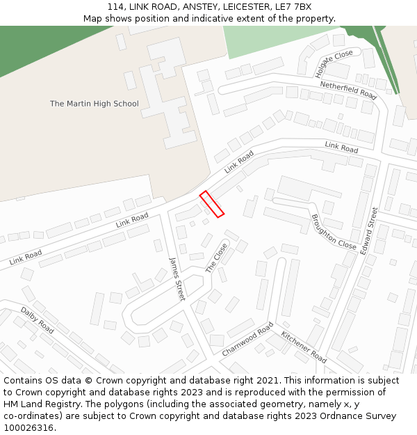 114, LINK ROAD, ANSTEY, LEICESTER, LE7 7BX: Location map and indicative extent of plot