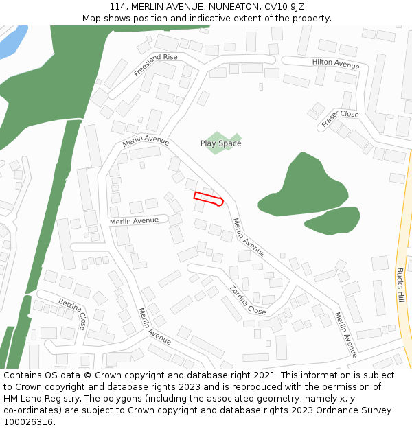 114, MERLIN AVENUE, NUNEATON, CV10 9JZ: Location map and indicative extent of plot