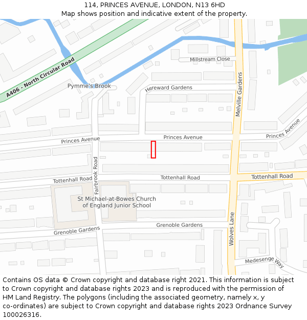 114, PRINCES AVENUE, LONDON, N13 6HD: Location map and indicative extent of plot