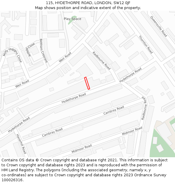 115, HYDETHORPE ROAD, LONDON, SW12 0JF: Location map and indicative extent of plot