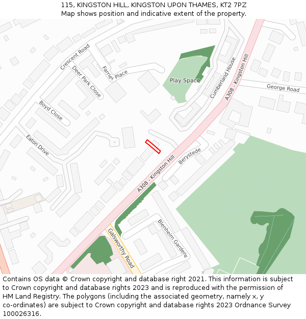 115, KINGSTON HILL, KINGSTON UPON THAMES, KT2 7PZ: Location map and indicative extent of plot