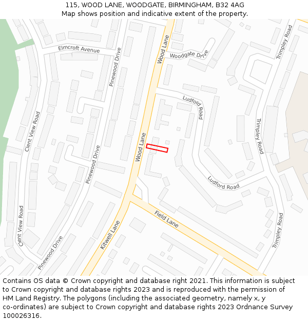 115, WOOD LANE, WOODGATE, BIRMINGHAM, B32 4AG: Location map and indicative extent of plot