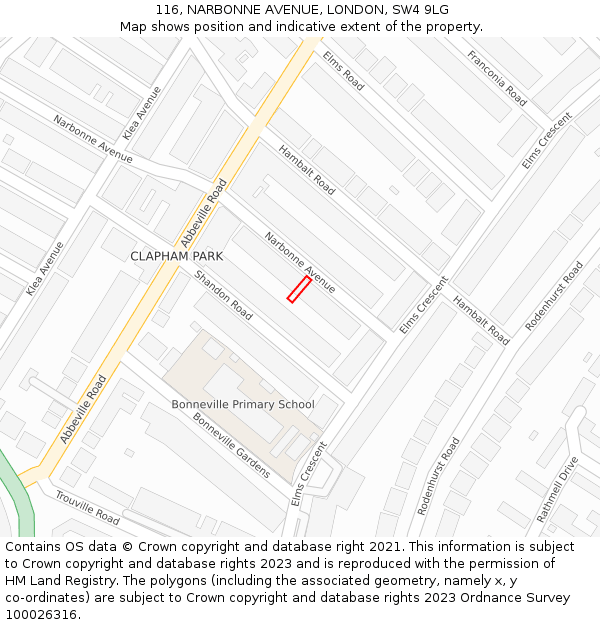116, NARBONNE AVENUE, LONDON, SW4 9LG: Location map and indicative extent of plot