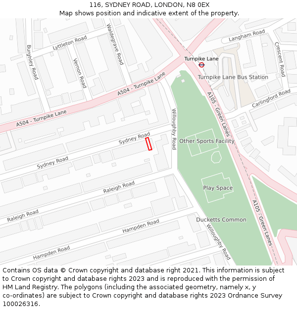116, SYDNEY ROAD, LONDON, N8 0EX: Location map and indicative extent of plot