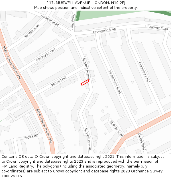 117, MUSWELL AVENUE, LONDON, N10 2EJ: Location map and indicative extent of plot