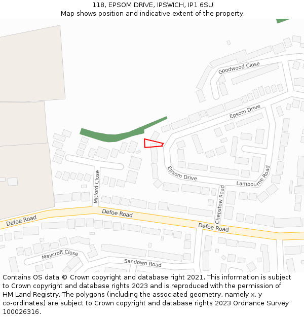 118, EPSOM DRIVE, IPSWICH, IP1 6SU: Location map and indicative extent of plot