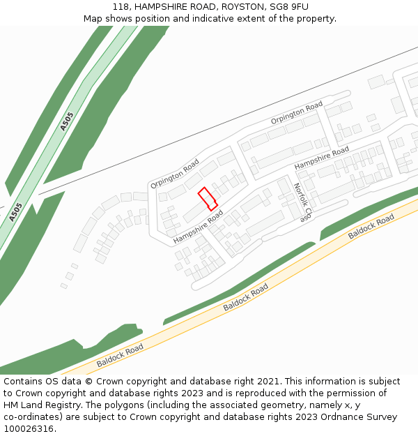 118, HAMPSHIRE ROAD, ROYSTON, SG8 9FU: Location map and indicative extent of plot