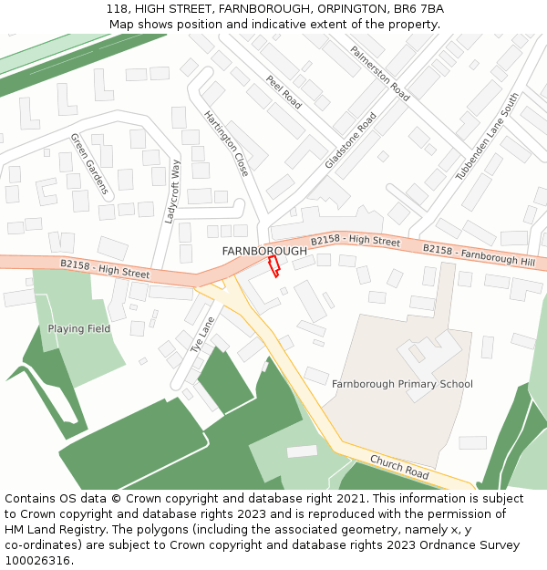 118, HIGH STREET, FARNBOROUGH, ORPINGTON, BR6 7BA: Location map and indicative extent of plot