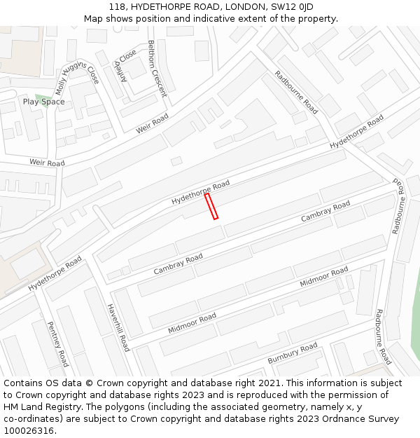 118, HYDETHORPE ROAD, LONDON, SW12 0JD: Location map and indicative extent of plot