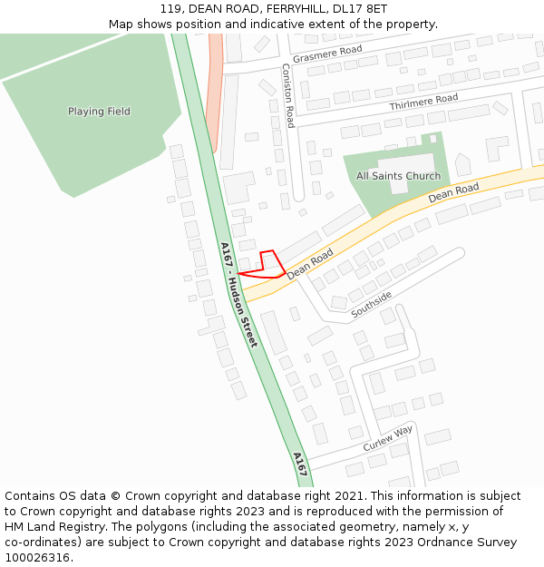 119, DEAN ROAD, FERRYHILL, DL17 8ET: Location map and indicative extent of plot