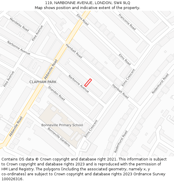 119, NARBONNE AVENUE, LONDON, SW4 9LQ: Location map and indicative extent of plot