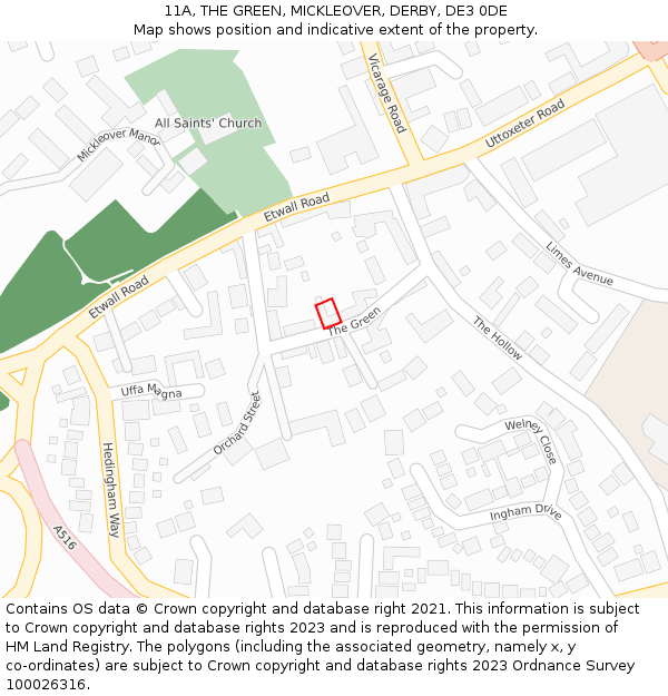 11A, THE GREEN, MICKLEOVER, DERBY, DE3 0DE: Location map and indicative extent of plot
