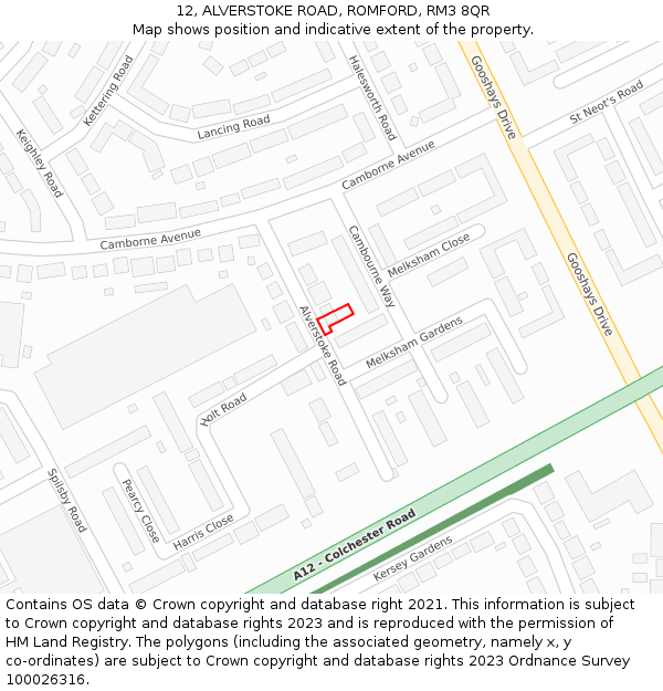 12, ALVERSTOKE ROAD, ROMFORD, RM3 8QR: Location map and indicative extent of plot