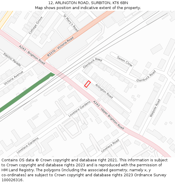 12, ARLINGTON ROAD, SURBITON, KT6 6BN: Location map and indicative extent of plot