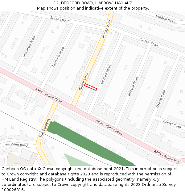 12, BEDFORD ROAD, HARROW, HA1 4LZ: Location map and indicative extent of plot