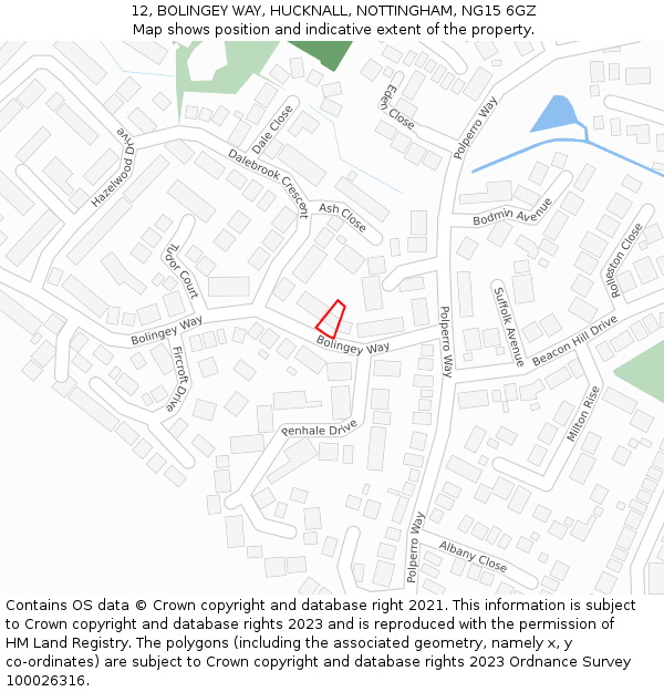 12, BOLINGEY WAY, HUCKNALL, NOTTINGHAM, NG15 6GZ: Location map and indicative extent of plot