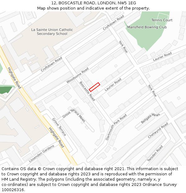 12, BOSCASTLE ROAD, LONDON, NW5 1EG: Location map and indicative extent of plot